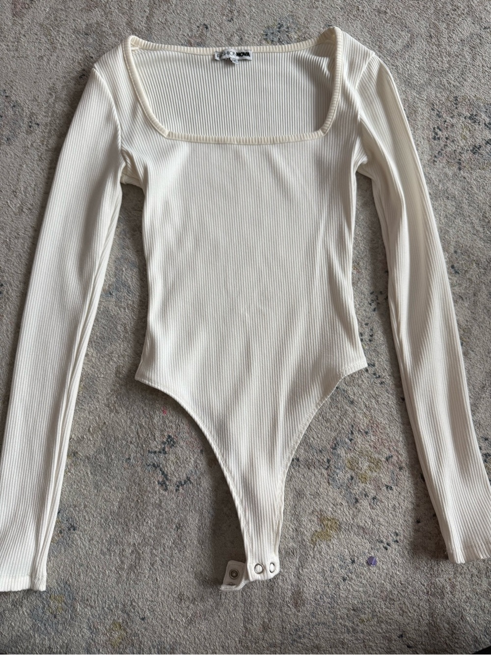 Fashion Nova Cream Ribbed Long-Sleeve Square Neck Bodysuit